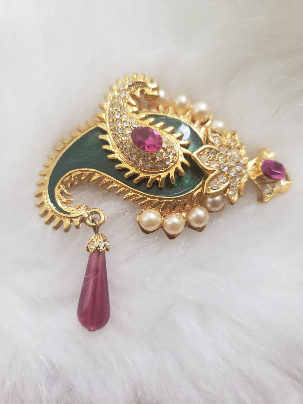 Vintage Gold-Tone Green and Pink Paisley Pendant Brooch with Pearls